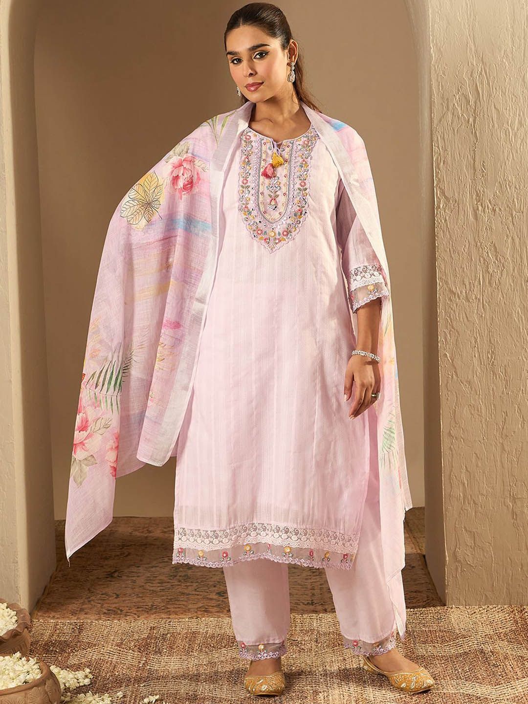 Indyancart IE Floral Yoke Design Straight Thread Work Pure Cotton Kurta with Trousers & Dupatta