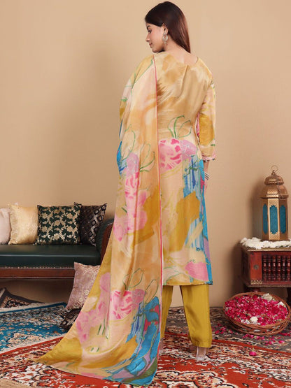 Indyancart VA Floral Embroidered Pure Silk Straight Kurta with Palazzos & With Dupatta