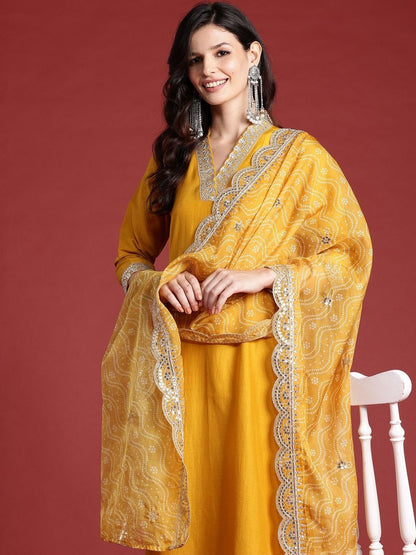 Women Ethnic Motifs Embroidered Regular Gotta Patti Kurta with Trousers & With Dupatta