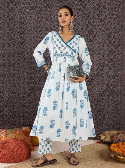 Dhiyona IE Printed V-Neck Three-Quarter Sleeves Pure Cotton Tunic And Trousers