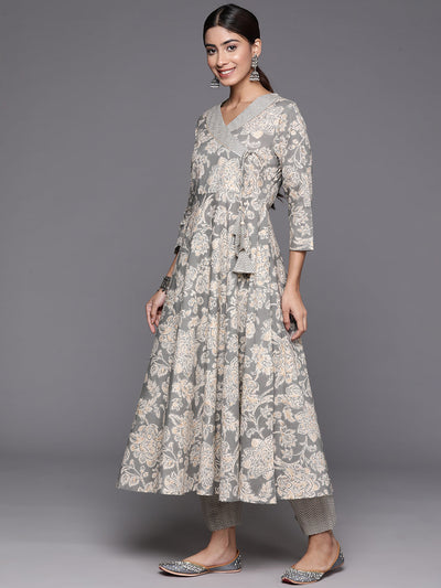 Indyancart VR Women's Grey Floral Printed Angrakha Style Anarkali Kurta Paired With Printed Bottom