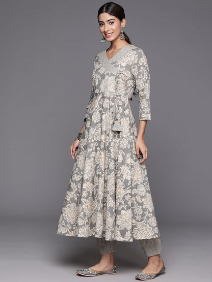 Dhiyona VR Women's Grey Floral Printed Angrakha Style Anarkali Kurta Paired With Printed Bottom