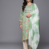 Dhiyona VR Women's Mint Green Round Neck Embroidered Yoke Printed Kurta Paired With Printed Bottom & Tie-Dye Dupatta