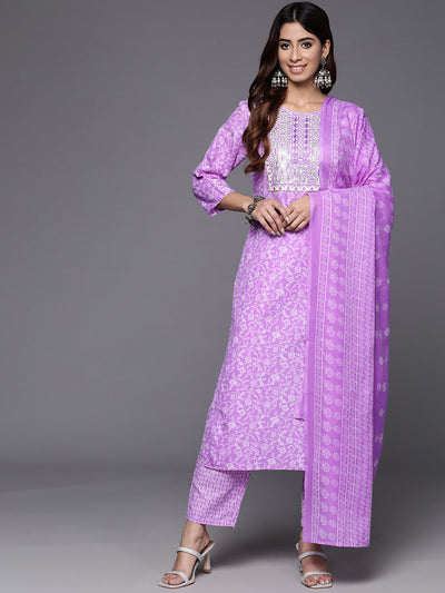 Indyancart VR Women's Lavender Floral Printed Embroidered Kurta Paired With Bottom And Dupatta