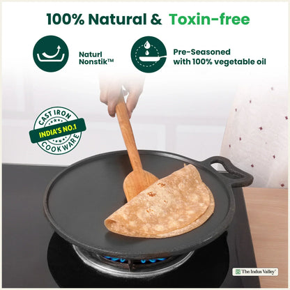 The Indus Valley Super Smooth Cast Iron Tawa,Pre-seasoned, Nonstick, 100% Pure, Toxin-free, Spatula, 26.7cm/30.2cm