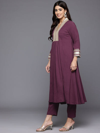 Indyancart VR Women's Purple Zari Lace Embellished Yoke A-Line Kurta Set