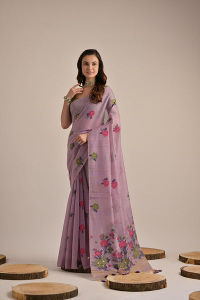 Indyancart GR Women's Arisaa Lavender Muga Cotton Saree