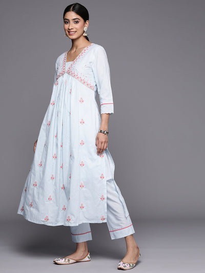 Indyancart VR Women's Blue Sequin And Thread Embroidered A-Line Kurta Paired With Tonal Bottom And Tonal Embroidered Dupatta