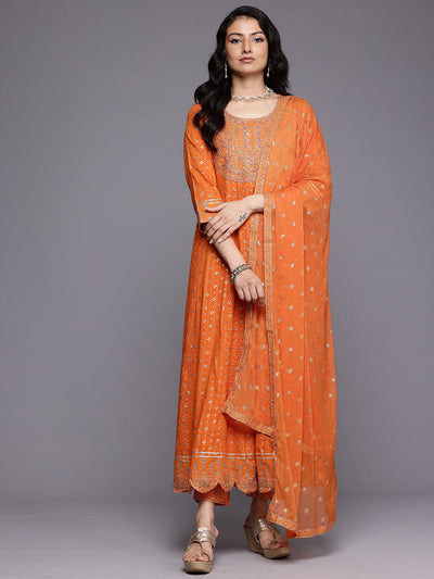 Indyancart VR Women's Orange Mirror And Thread Embroidered,Zari Embellished Scalloped Schiffli Anarkali Kurta Paired Wirh Printed Bottom And Embroidered Dupatta