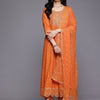 Dhiyona VR Women's Orange Mirror And Thread Embroidered,Zari Embellished Scalloped Schiffli Anarkali Kurta Paired Wirh Printed Bottom And Embroidered Dupatta