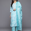 Dhiyona VR Women's Blue Printed Round Neck Yoke Embroidered Straight Kurta With Bottom And Dupatta