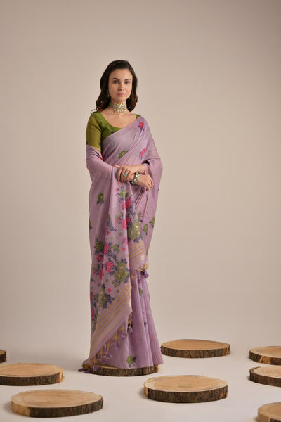 Indyancart GR Women's Arisaa Lavender Muga Cotton Saree