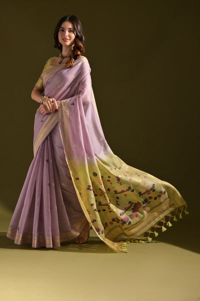 Indyancart GR Women's Siara Lavender Muga Cotton Saree