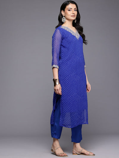 Indyancart VR Women's Navy Blue Bandhani Zari And Sequins Emboridered Kurta Set With Dupatta