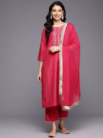 Indyancart VR Women's Fuchsia Thread And Zari Embroidered Sequins Embellished Kurta Set With Dupatta