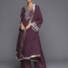 Dhiyona VR Women's Mauve V-Neck Yoke Embroidered Straight Kurta With Fringes Hem Paired With Tonal Bottom And Tonal Dupatta With Fringes