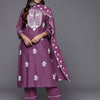 Dhiyona VR Women's Purple Thread Embroidered Kurta With Tonal Bottom And Dupatta