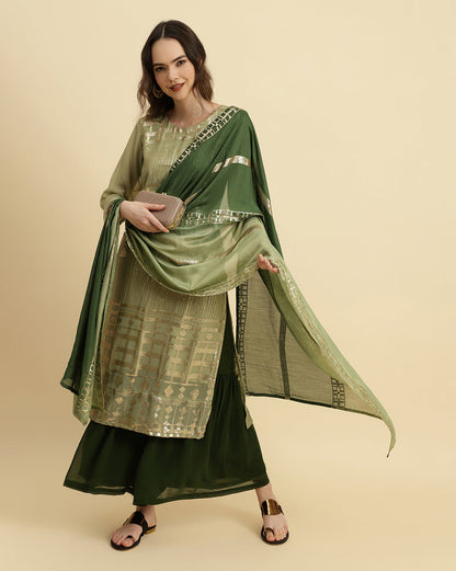 Indyancart VR Women's Green Sequened Kurta With Sharara And Sequened Ombre Dupatta