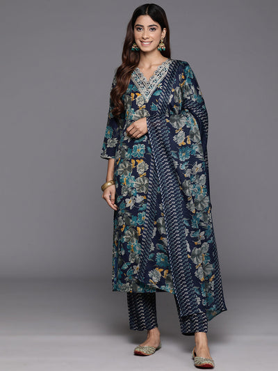 Indyancart VR Women's Blue Floral Print And Embroidered Kurta With Bottom And Dupatta