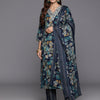 Dhiyona VR Women's Blue Floral Print And Embroidered Kurta With Bottom And Dupatta