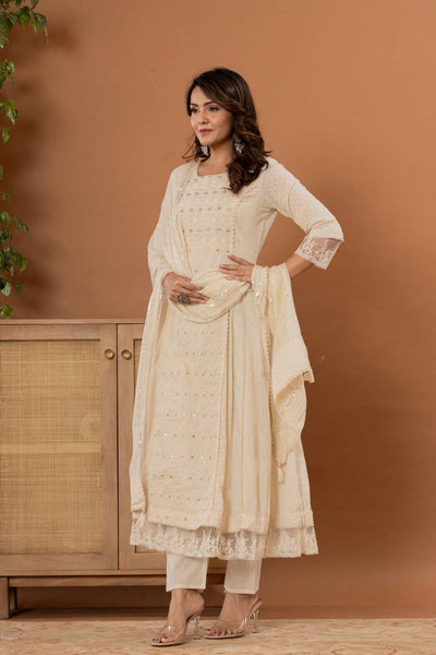 Indyancart VR Women's Off-White Mirror And Thread Work, Scallop Lace Anarkali Kurta Paired Wirh Embroidered Bottom And Dupatta