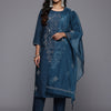 Dhiyona VR Women's Navy Blue Hand Embroidered Straight Kurta With Trousers And Embroidered Dupatta