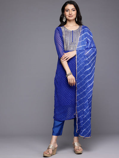 Indyancart VR Women's Navy Blue Bandhani Zari Emboridered Kurta Set With Dupatta