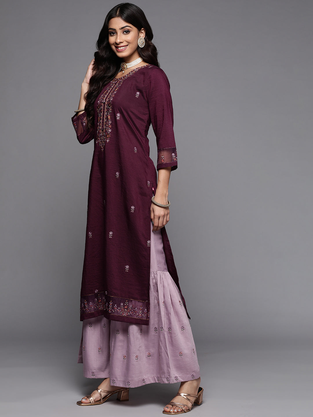Indyancart VR Women's Embroidered Kurta Paired With Contrast Color Sharara And Dupatta