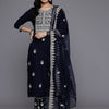 Dhiyona VR Women's Navy Blue Round Neck Thread Embroidered Kurta Paired With Bottom And Dupatta