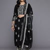 Dhiyona VR Women's Black Round Neck Thread Embroidered Kurta Paired With Bottom And Dupatta