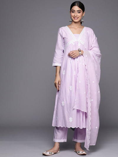 Indyancart VR Women's Lavender Embroidered A-Line Empire Kurta Paired With Tonal Bottom And Tonal Embroidered Dupatta