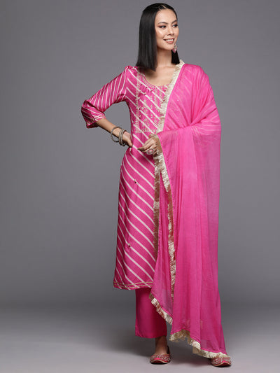Indyancart VR Women's Pink Pure Fabric, Lehariya Embroidered Straight Kurta Paired With Tonal Bottom And Dupatta
