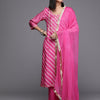 Dhiyona VR Women's Pink Pure Fabric, Lehariya Embroidered Straight Kurta Paired With Tonal Bottom And Dupatta