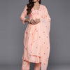 Dhiyona VR Women's Peach Thread And Sequins Embroidered Kurta With Tonal Bottom And Dupatta