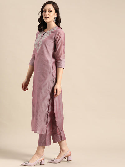 Indyancart VR Women's Mauve Floral Embroidered Regular Chanderi Silk Kurta With Trousers & With Dupatta