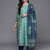 Dhiyona VR Women's Blue Floral Printed Kurta, Round Neck Straight Kurta Paired With Tonal Bottom And Printed Dupatta