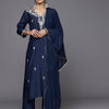 Dhiyona VR Women's Navy Blue Placement Design Zari Embroidered Kurta Paired With Tonal Bottom And Tonal Chiffon Dupatta