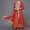 Dhiyona VR Women's Rust Mirror Work Yoke Embroidered Straight Kurta Paired With Tonal Bottom And Tonal Solid Dupatta With Four Side Fringes