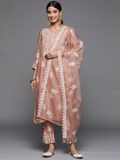Indyancart VR Women's Mauve Embroidered Kurta Paired With Tonal Trouser And Dupatta