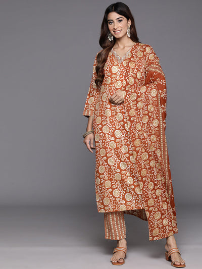 Indyancart VR Women's Rust Floral Printed Kurta Paired With Bottom & Dupatta