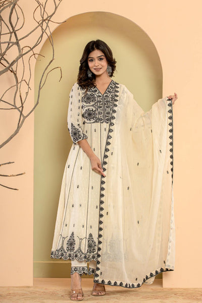 Indyancart VR Women's Thread Embroidered Anarkali Kurta Paired With Bottom And Dupatta