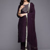 Dhiyona VR Women's Purple Thread Embroidered Sequins Embellished Straight Kurta Paired With Bottom And Dupatta