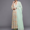 Dhiyona VR Women's Sea Green Floral Printed A-Line Kurta With Three Quarter Sleeves Paired With Printed Bottom And Solid Chiffon Dupatta
