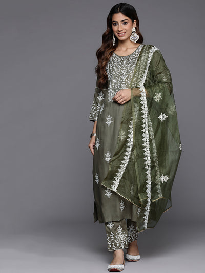 Indyancart VR Women's Olive Embroidered Kurta Paired With Tonal Trouser And Dupatta