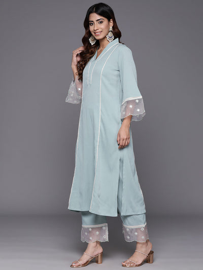 Indyancart VR Women's Sea Green Organza And Lace Detailed Kurta Set