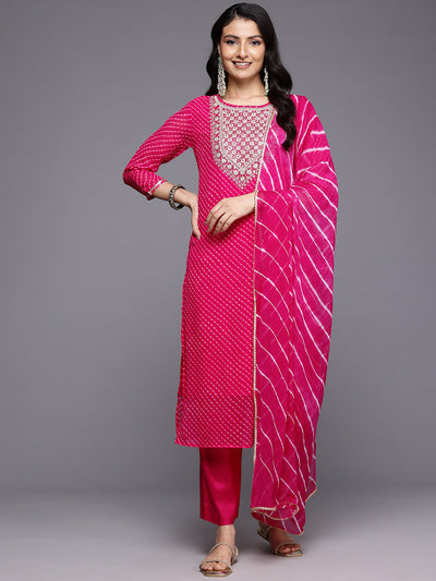 Indyancart VR Women's Pink Bandhani Zari And Sequins Embroidered Kurta Set With Dupatta