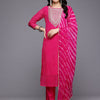Dhiyona VR Women's Pink Bandhani Zari And Sequins Embroidered Kurta Set With Dupatta