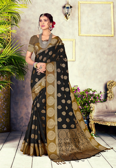 Indyancart GR Women's GJ Black Diamond Sable Black Zari Woven Design Cotton Blend Saree