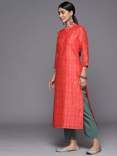Indyancart VR Women's Red Bandhani Printed Straight Kurta Paired With Contrast Solid Bottom And Printed Dupatta