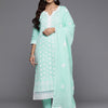Dhiyona VR Women's Sea Green Thread Embroidered Straight Kurta With Bottom And Dupatta